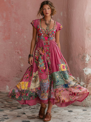 Vestido midi de manga corta con cuello redondo y bordado floral bohemio para mujer 