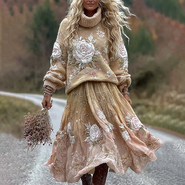 Vintage Rose In Gradient Yellow Art Cozy Knit Turtleneck Sweater And Linen Skirt Two-piece Set