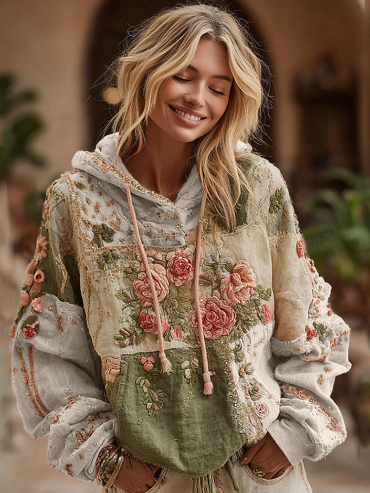 Sweat à capuche patchwork brodé de roses pour femme 