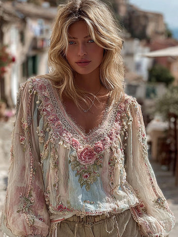 Camisa de mujer con cuello en V y pespuntes florales vintage 