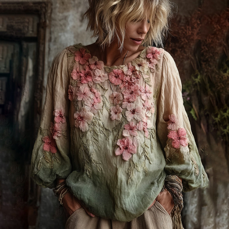 Vintage Cherry Blossom Gradient Linen Long Sleeve Shirt