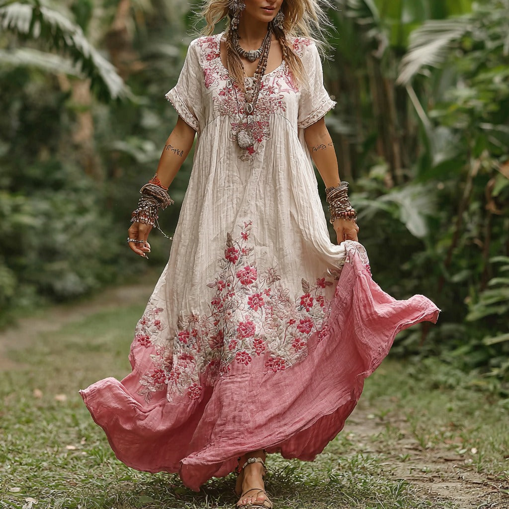 Vestido largo de cuello redondo con estampado floral bohemio vintage para mujer 