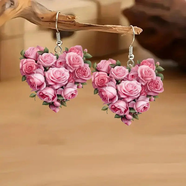 Pendientes de flor de rosa rosa para mujer 