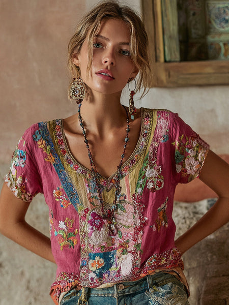 Camiseta de mujer de lino con cuello en V, manga corta y bordado floral bohemio 