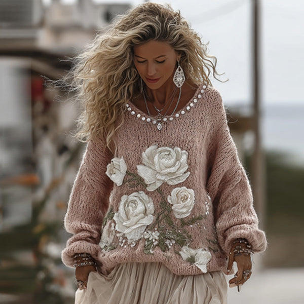 Classic Rose In Pink Art Cozy Knit Round Neck Sweater And Linen Skirt Two-piece Set