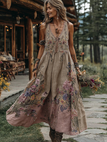 Vestido largo sin mangas, cómodo, con cuello en V, bordado floral estilo boho para mujer 