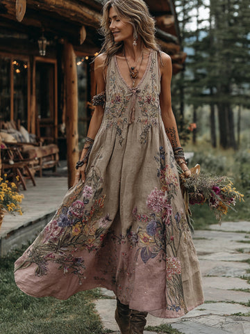 Robe longue sans manches confortable à col en V, broderie florale bohème pour femme 
