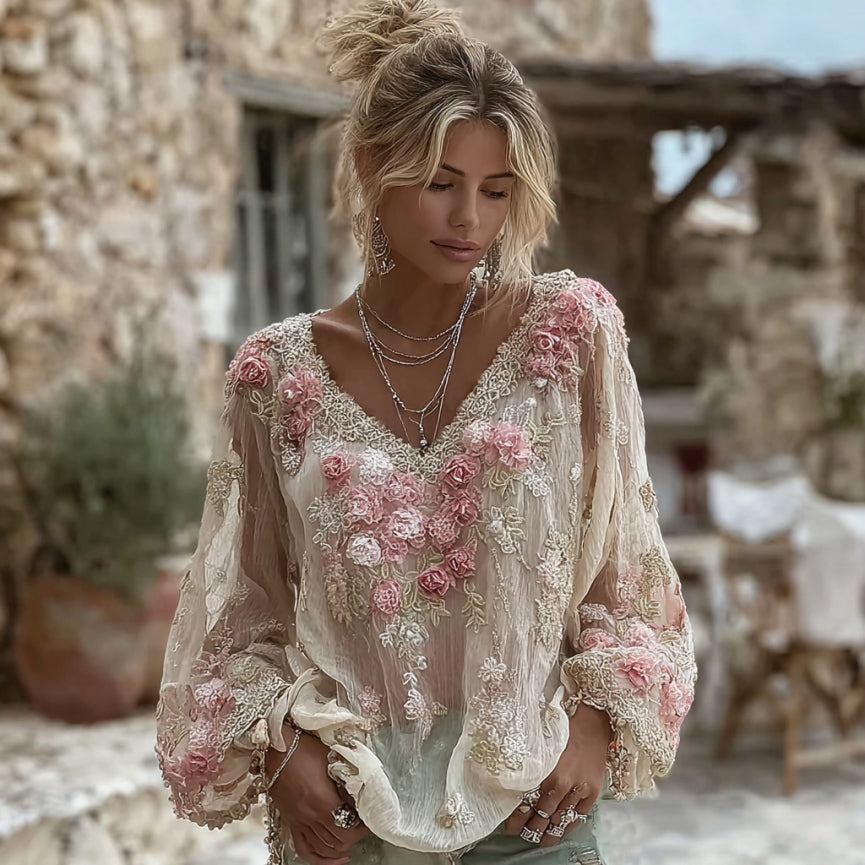 Camiseta de manga larga con cuello en V y bordado floral rosa para mujer, de mezcla de lino. 