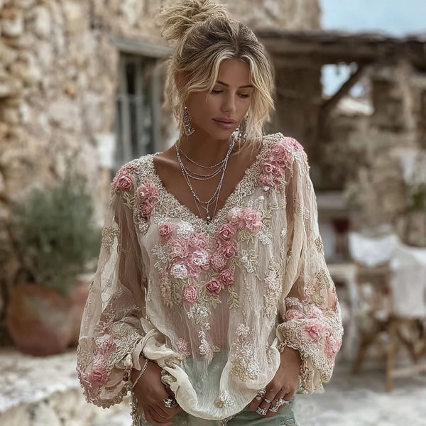 Camiseta de manga larga con cuello en V y bordado floral rosa para mujer, de mezcla de lino. 