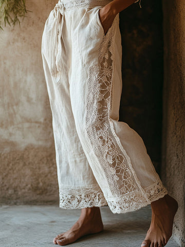 Pantalon large décontracté en dentelle à broderie florale pour femme 