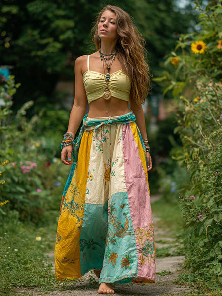 Pantalon bohème patchwork décontracté pour femme 