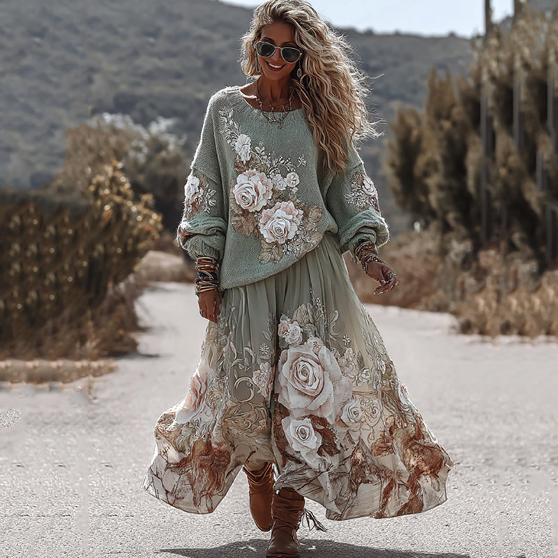 Classic Rose Art Cozy Knit Round Neck Sweater And Linen Skirt Two-piece Set