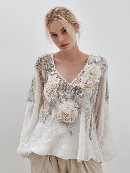 Top de mujer con cuello en V y estampado retro de rosas blancas con destellos 