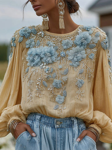 Camisa informal de lino de manga larga con cuello redondo y estampado floral de rosas vintage 