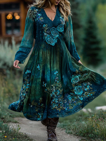 Vestido largo de lino con bordado floral y rosas azules degradadas de alta calidad 