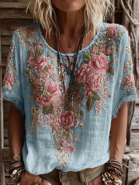 Camiseta de mujer de manga corta, cuello redondo y mezcla de lino con bordado de rosas rosas 