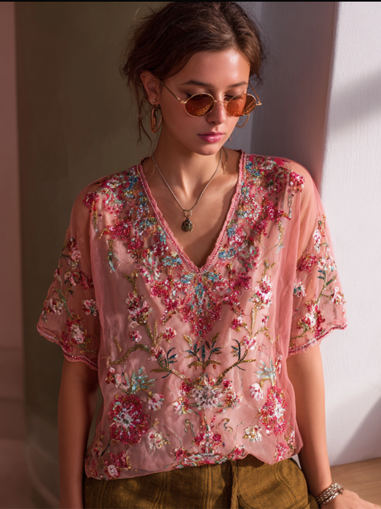Top de mujer con escote en V, estampado floral y lentejuelas de estilo bohemio 