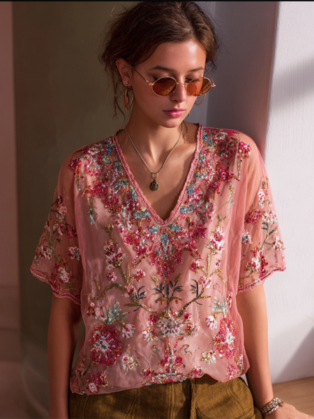 Top de mujer con escote en V, estampado floral y lentejuelas de estilo bohemio 