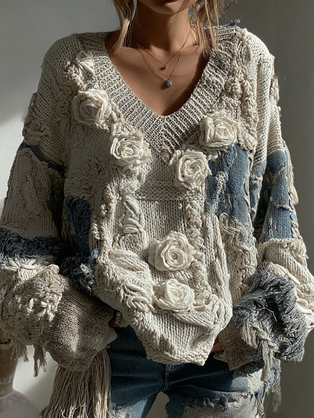 Women's Vintage White Rose Chunky Knit V-neck Sweater