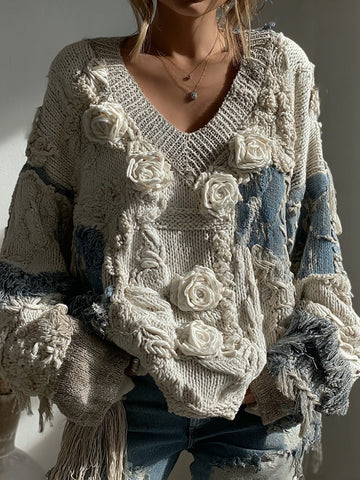 Suéter vintage de punto grueso con cuello en V y rosas blancas para mujer 