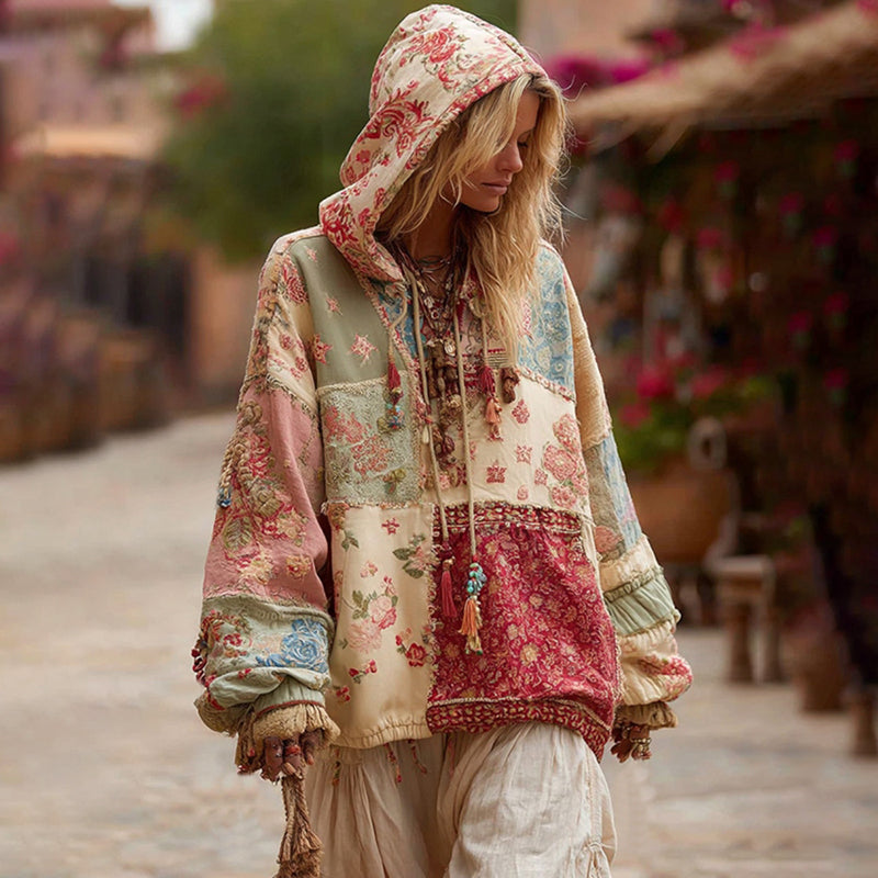 Sudadera con capucha informal estilo boho con bordado floral y patchwork para mujer 