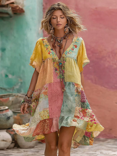 Vestido midi de lino con cuello en V, bordado floral bohemio y diseño patchwork para mujer 