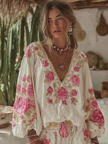 T-shirt vintage en lin à manches longues et col en V, orné de broderies florales 