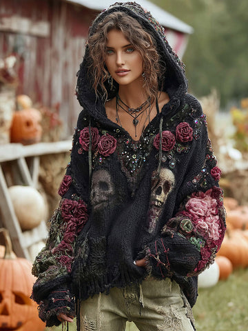 Suéter gótico de punto grueso con capucha y bordado de calavera de rosa 