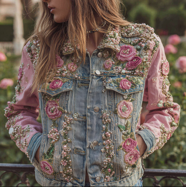 Chaqueta vaquera informal retro para mujer con bordado de rosas de estilo bohemio 