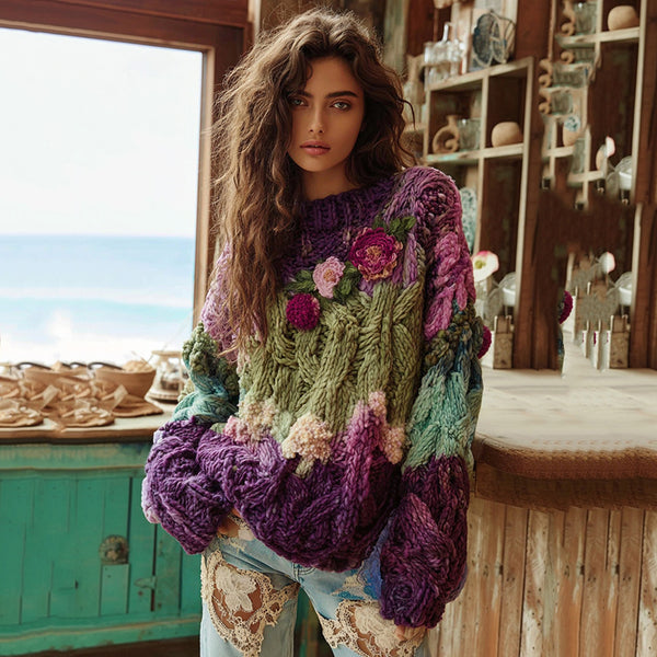 Suéter bohemio de punto grueso con contraste floral de ganchillo para mujer 