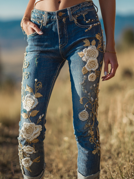 Pantalones vaqueros largos de mujer estilo bohemio con bordado de flores y plantas, corte holgado, pierna ancha y rectos. 