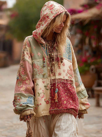 Sweat à capuche bohème décontracté à patchwork et broderie florale pour femme 