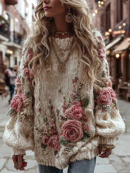 Women's Vintage Rose Floral Chunky Knit Warm Crew Neck Sweater