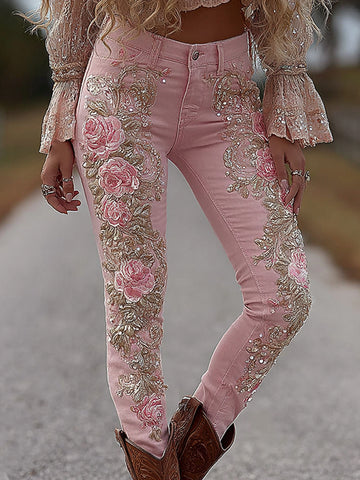 Jeans holgados vintage para mujer con bordado floral de rosas 
