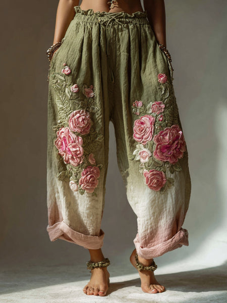 Pantalones de lino vintage con bordado degradado de rosas rosas 