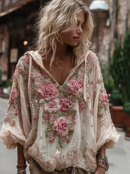 Sudadera con capucha de cuello en V cálida y bordada floral vintage para mujer 