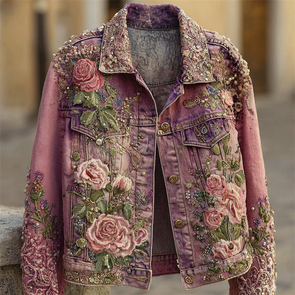 Chaqueta vaquera teñida lavada con bordado de rosas rosas estilo boho y purpurina 