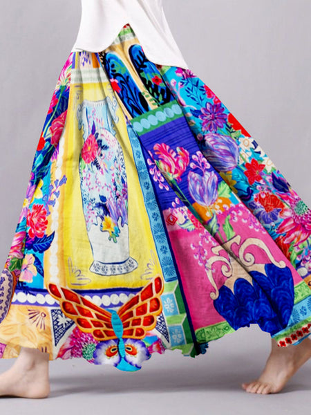 Falda bohemia floral de algodón y lino para mujer 