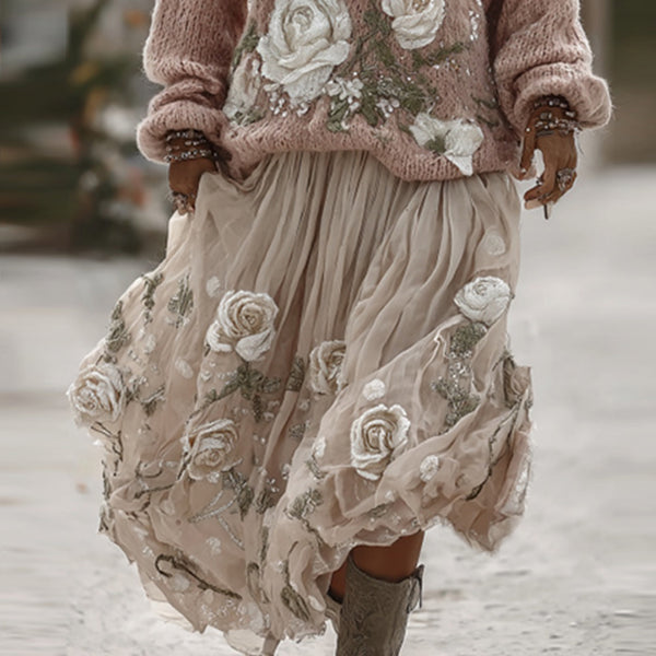 Classic Rose In Pink Art Cozy Knit Round Neck Sweater And Linen Skirt Two-piece Set