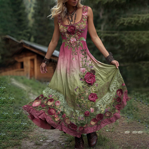 Vestido largo de lino bordado con rosas rosas degradadas elegantes para la concientización sobre el cáncer 