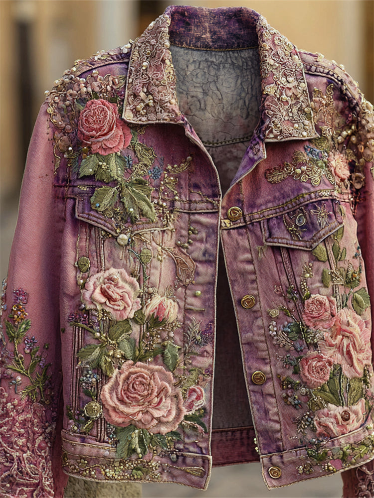 Chaqueta vaquera teñida lavada con bordado de rosas rosas estilo boho y purpurina 