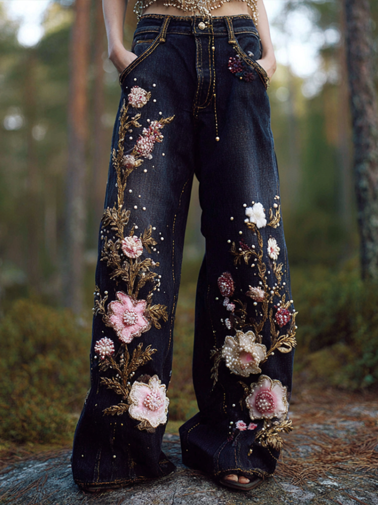 Pantalon long en jean pour femme, style bohème, broderie florale végétale, coupe ample, jambes larges et droites 