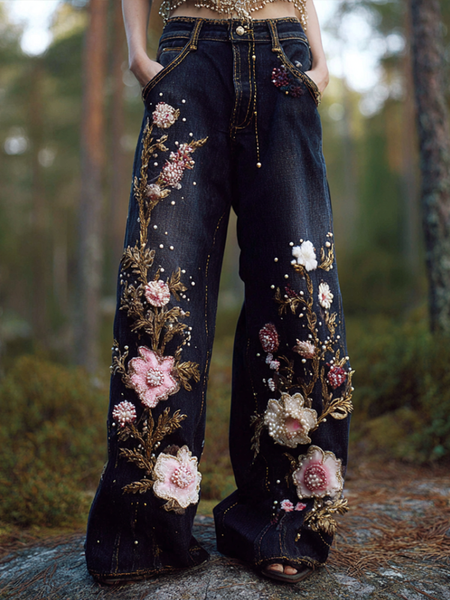 Pantalon long en jean pour femme, style bohème, broderie florale végétale, coupe ample, jambes larges et droites 