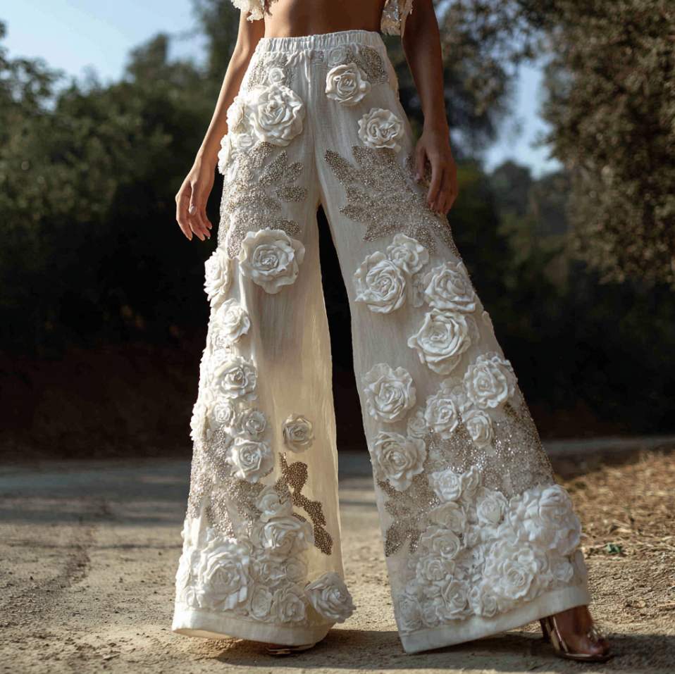 Pantalones largos holgados de pierna ancha para mujer, de algodón y lino, con bordado tridimensional de rosas de estilo bohemio. 