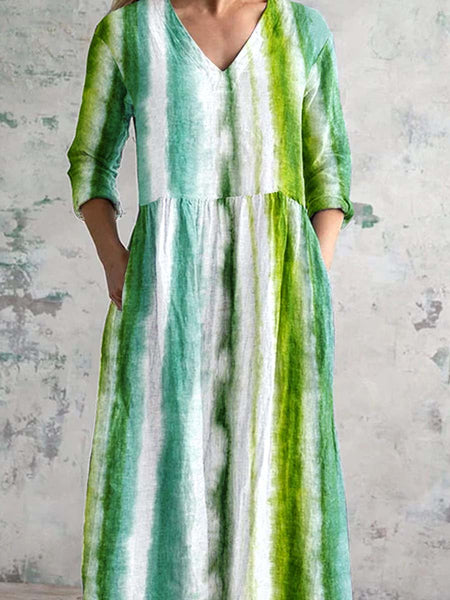 Women's Vintage Boho Stripe Pattern V Neck Dress with Pockets
