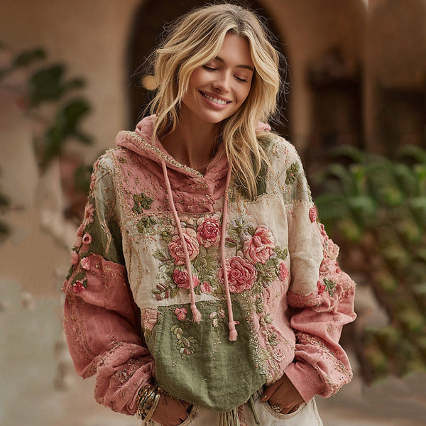 Sweat à capuche patchwork brodé de roses pour femme 