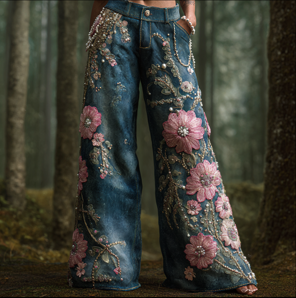 Pantalones vaqueros largos de mujer estilo bohemio con bordado de flores y plantas, corte holgado, pierna ancha y rectos. 