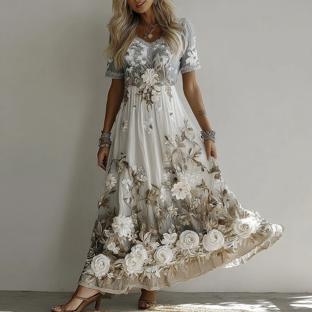 Vestido largo de manga corta con cuello redondo y bordado de rosas retro para mujer 