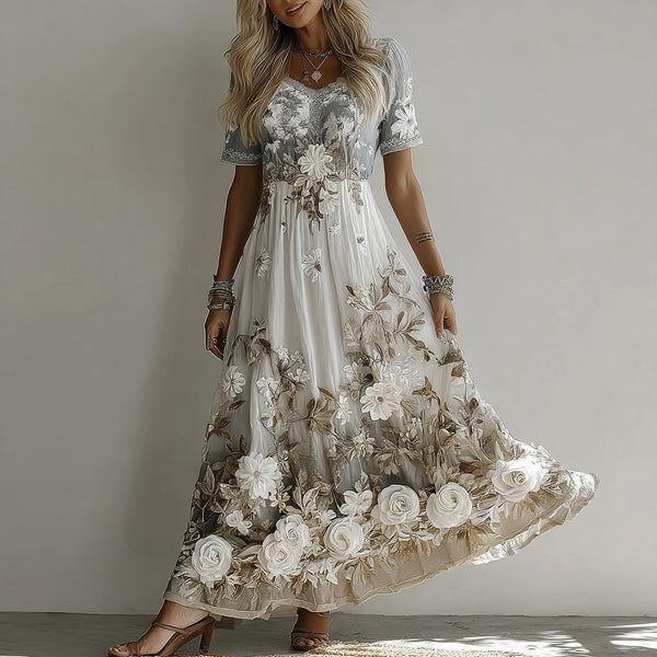 Vestido largo de manga corta con cuello redondo y bordado de rosas retro para mujer 