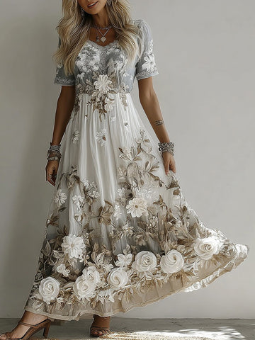 Vestido largo de manga corta con cuello redondo y bordado de rosas retro para mujer 